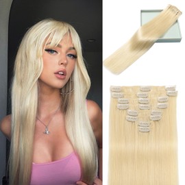 LORIEN Clip in Hair Extensions Real Human Hair, 16 Inch 90g, #60 Platinum Blonde, Clip in 100% Brazilian Remy Human Hair Extensions 8pcs Per Set with 18 Clips Double Weft