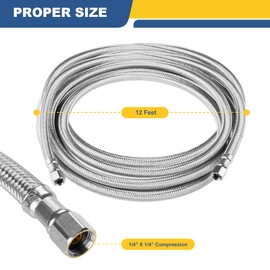 GUOFIS 12 FT Refrigerator Water Line,Stainless Steel Braided Ice Maker Hose with 1/4" Comp X 1/4"Compression Fittings(5PCS,12 Foot)(HOSE058-5Pack)
