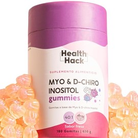 Health Hack Myo y D-Chiro Inositol en Gomitas, Ratio 40:1, 2000 mg Mio y 50 mg D-Chiro Vitamina B8 por Porción, Sabor Fresa, Suplemento Vegano para Mujer Sin Azúcar, 180 Gomitas