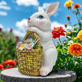 KOOY Garden Statues Bunny with Solar Lantern Outdoor Rabbit Holding Flowers Figurines Decorations for Patio Yard Lawn Ornaments Gifts for Birthday Easter Housewarming