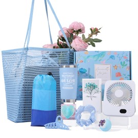 Vacation Essentials Ocean Relaxing Gifts Baskets with Beach Waterproof Blanket, Mesh Tote Bags, Portable USB Desk Fan for Women Friends Sister Wife Her, Accessories for TravelCampingHikingPicnic