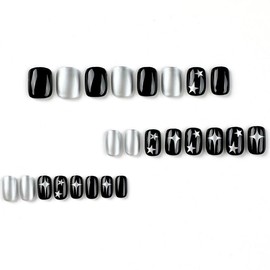 BAOYAALIN Black Silver Press on Nails Short Square Y2K Fake Nails with Silver Star Design Glue on Nails for Women Girls Acrylic False Nails Stick on Nails Press on Nail for Wedding 24Pcs