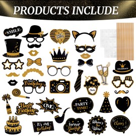Konsait 38 Pcs Glitter Happy Birthday Photo Booth Props, Black and Gold Birthday Decorations Party Photo Props Selfie Props for Adult and Kids