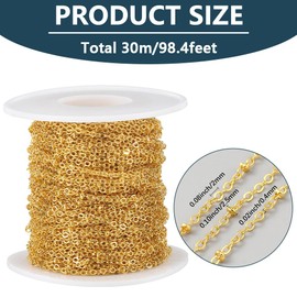 SUNNYCLUE 98.4 Feet/30M Gold Satellite Chain Brass Bead Chain Metal Pull Extension Connectors Link Beads Links Roll with Plastic Spool for Jewellery Making Necklace Bracelets DIY Crafts Accessories