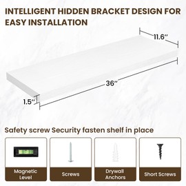 Acovy 36 Inch Floating Shelves, 11.6 Inch Deep Floating Shelves for Wall, Floating Shelf with Invisible Brackets, Deep Shelves for Bathroom, Bedroom, Living Room, 2 Pack, White
