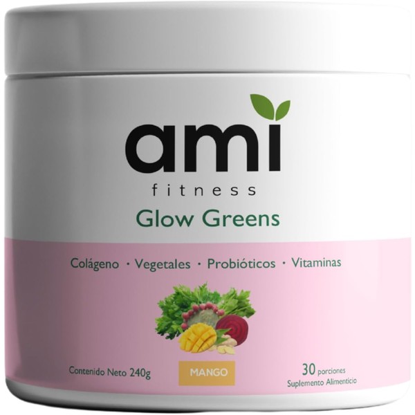 Ami Fitness Glow Greens, Polvo Verde con Colágeno - 30ct,
