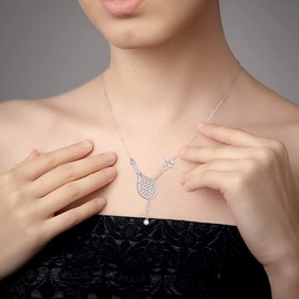 Sterling Silver Tennis Necklace Y-Necklace Chain Tennis Racket and Ball Pendant Heartbeat Sports Jewelry Tennis Gifts Lover