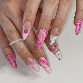 Almond Press on Nails Medium Fake Nails with Designs Rhinestone Glue on Nails French False Nails Heart Acrylic Nails Glossy Artificial Nails Full Cover Stick on Nails for Coquette Women