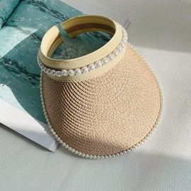 Lhyxuuk Women's Straw Sun Visor, UV Protection, Large Brim, Sun Protection, UPF 50+ Cap, Cute, Elegance, Beads, Small Face Effect, Actress Hat, Pink