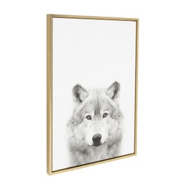 Kate and Laurel - Sylvie Wolf Animal Print Black and White Portrait Framed Canvas Wall Art by Simon Te Tai, Gold 23x33