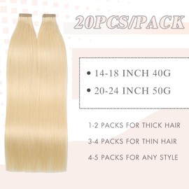 YDDM Tape-In Real Hair Extensions, 20 Pieces, 35 cm, 40 g, Bleach Blonde Invisible Tape Extensions, Real Hair Tape Extensions, Skin Weft Hair Extensions (14 Inches, 613#)