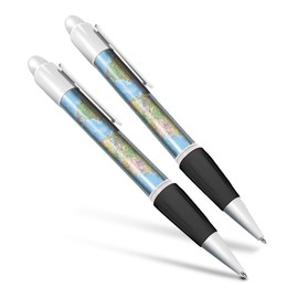 Set of 2 White Ballpoint Pens (Photo Insert) - World Map Globe Earth - Soft Feel Finger Grip #170942