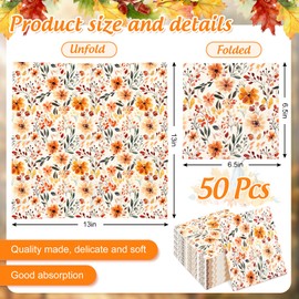 50Pcs Fall Paper Napkins Watercolor Autumn Floral Disposable Napkin Burnt Orange Flower Leaves Luncheon Dinner Napkins for Thanksgiving Party Supplies Tableware Decor