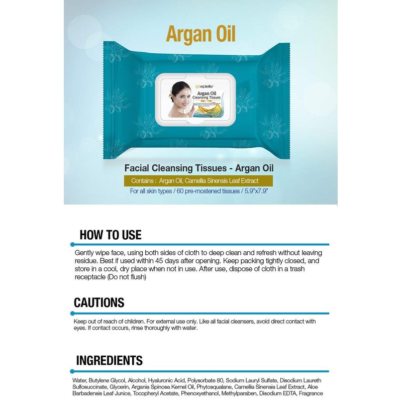 Epielle Argan Oil Cleansing Facial Tissues Makeup Remover Wipes Gentle