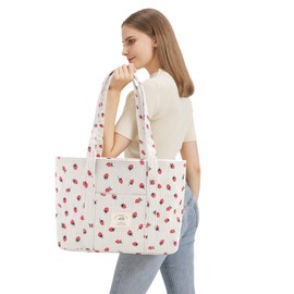 Strawberry Corduroy Tote Bag for Women Large Zippered Shoulder Bag with Pockets Multipurpose Travel, Gym, Work & Beach Tote 039beigestrawberry