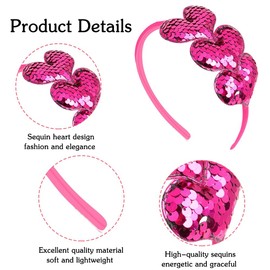 Valentine's Day Headbands Glitter Heart Hair Band Red Love Sequin Headband Romantic Hair Bands Holiday Headbands Party Gift Valentine's Day Costume Party Accessories for Women and Girls (Hot Pink)