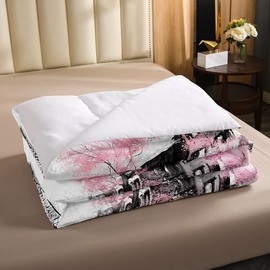 Pink Paris Eiffel Tower Comforter Set Twin Size French Style Couple Lover Flower Bedding Sets for Girls Kids Teens Women Bedroom Decor Eiffel Tower Down Comforter, 1 Comforter + 1 Pillow Case,Grey