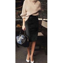 CHARTOU Womens Lightweight Elastic-Waist Faux Suede Leather Side Split Hip Packaged Skirt (Black, X-Large)