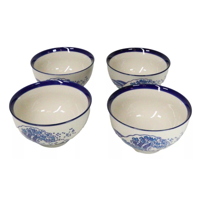 Pack Of 4 Blue Japanese Hokusai Great Wave Design Ceramic
