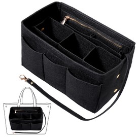 Fentar Tote Bag Organiser Insert, Felt Handbag Organiser Insert with Multiple Compartments and Zips, Tote Bag Insert, Sturdy Bag Organiser with Key Chain for Tote Bag (L, Black)