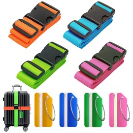Luggage Strap 4 Pieces Luggage Strap, KAMHBE Luggage Strap Luggage Strap with 4 Pieces Luggage Tags for Travel Accessories (4 Pack - 4 Colours)