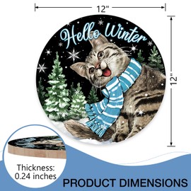 Deroro Hello Winter Cat Black Front Door Sign, Kitty Kitten Pine Tree Snowflakes Wood Door Hanger Outdoor Outside Porch Decor, Christmas Holiday Seasonal Wooden Wreath Indoor Wall Hanging Decoration