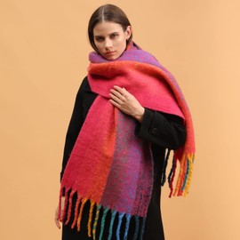 Temminc Women's Super Thick Rainbow Cashmere Feel Warm Scarf,Colorful Soft Comfort Elegant Cold Weather Shawl, Casual Blanket scarf, Fashion Long Scarf, Braided Pigtail Tassel