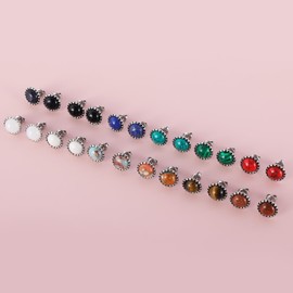 JUSTJANDM 12 Pairs Multi Gemstone Stud Earrings Gold Plated Stainless Steel Turquoise Tiger Eye Onyx Lapis Lazuli Malachite Stone Stud Earrings Set for Women (Silver 6mm)