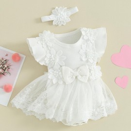 Himllauen 2 Pcs Infant Baby Girls Summer Romper Outfits Ruffle Sleeveless Flower Embroidery Casual Bodysuit Dress+ Headband Set Newborn Toddler Princess Dress (White, 3-6 Months)