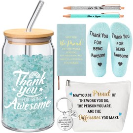 Funnymoom 7 Pcs Employee Appreciation Gift for Women Thank You Gift May You Be Proud Journal Makeup Bag Glass Tumbler Socks Ballpoint Pen Keychain for Women Coworker Teacher Employee Nurse(Blue Green)