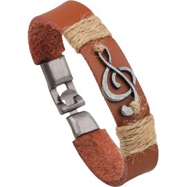 Alberts Gifts Music Brown Leather Bracelet/Silver Treble Clef/Brown & Tan Band