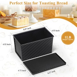 2 Pack Pullman Bread Loaf Pan with Lid, 1 Pound Dough Nonstick Loaf Baking Pans, Metal Bakeware for Sourdough Sandwich Homemade Bread, Carbon Steel Corrugated Toast Tin, Black