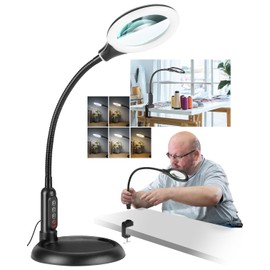 10X Magnifying Glass with Light and Stand, LED 5 Color Modes, Brightness Stepless Dimming Lighted Magnifier Hands Free with Flexible Goose-neck Desk Clamp Lamp for Close Works, Crafts, Hobby, Painting