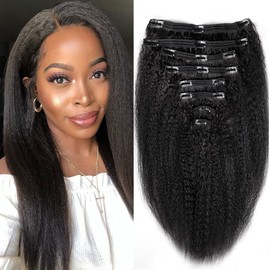 Tahikie Kinky Straight Clip In Hair Extensions Real Human Hair Clip Ins Full Head for Black Women Brazilian Remy Yaki Human Hair Natural Black Color 8 Pcs 18 Clips 120 g(22 inch, Kinky Straight)