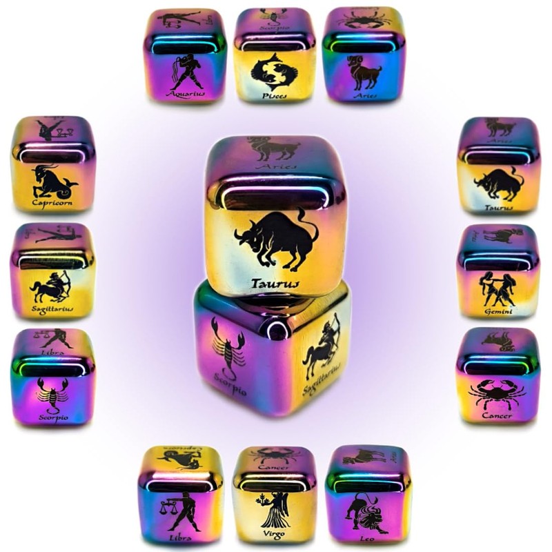 Hometu 2Pcs/Set Metal 12 Constellation Dice Set, Laser Engraved 6-Sided