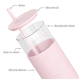 SANDJEST Glass Tumbler with Straw and Lid, Bow Glass Water Bottle with Silicone Sleeve 20oz, Smoothie, Iced Coffee Cup, Gifts for Women Teen Girls Birthday Christmas