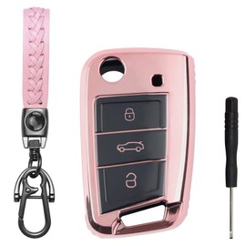 Car Key Case 3 Buttons TUP Compatible with VW Golf 7 VW Polo MK7 Tiguan Seat Skoda Octavia Fabia Key Cover Key Cover Key Protection Protective Case with Key Fob - Pink, pink