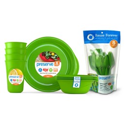 Preserve Reusable BPA Free Everyday Tableware Set with Cutlery Made from Recycled Plastic: 4 Plates, 4 Bowls, 4 Cups and 24 pieces of Cutlery, Apple Green