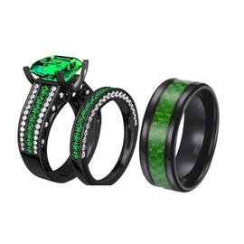 His and Hers Wedding Ring Sets Couples Rings Women 10K Black Gold Filled Green Emerald Wedding Engagement Ring Bridal Sets Men's Wedding Band