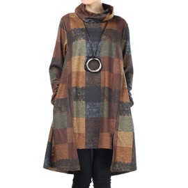 FTCayanz Women's Turtleneck Tunic Dresses Checkered Long Sleeve Cotton Jumper Tops Yellow Large