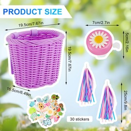 Fouvin Children's Bicycle Basket, Braided, Front, Removable, with Bells, Streamers, Bicycle Bell, Sticker (Purple)