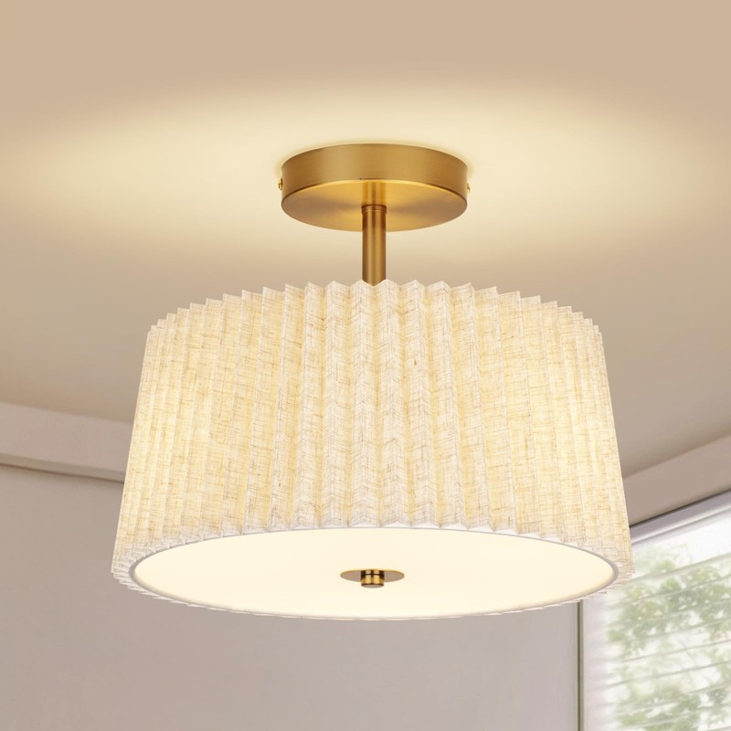 HILUXIA 13 Inch Linen Pleated Semi Flush Mount Ceiling Light