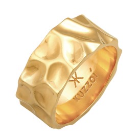 Kuzzoi 0602511921 Men's Ring in Hammered Design, Band Ring Solid (10 mm) Wide in 925 Sterling Silver, Forged Gold-Plated Silver Ring, Golden Ring for Men, Ring Size 60 - 66, Sterling Silver