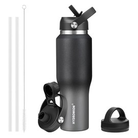 HYDROWION 32oz Water Bottle, Double Wall Vacuum Stainless Steel Insulated Water Flask with Straw Lid, Spout Lid and Flex Cap(Cold for 48 Hrs, Hot for 24 Hrs), Leakproof Travel Thermo Mug, Black&Grey