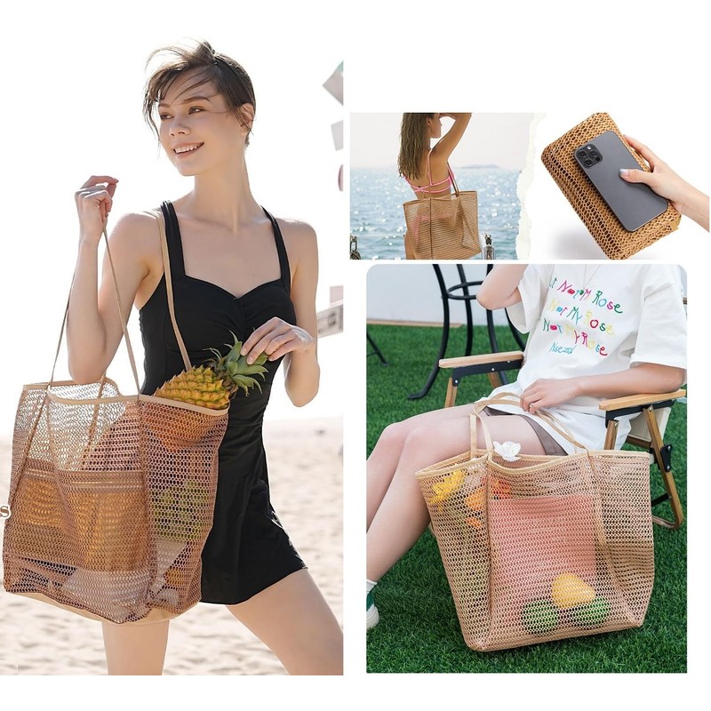 Youngfull Mesh Tote Bag, Foldable, Lightweight, Pool Back, Large Capacity,
