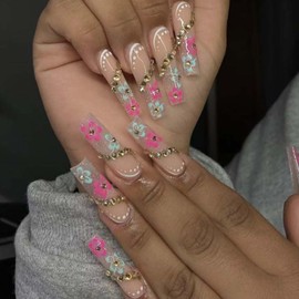 YoYoee Long Square False Nails Daisy Nails Tips Gradient Transparent Press on Nails French Fake Nails for Women and Girls 24PCS