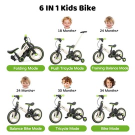 JMMD 6-in-1 Toddler Balance Bike for 18-60 Months With Training Wheels Pedals Push Handle Brakes Kickstand Ride-On Toy Gift Boys Girls:_Green