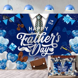 Happy Father's Day Backdrop I Love Dad Fathers Day Party Decorations 8x6FT Navy Blue and Silvery Balloons Thank You Daddy Background Best Dad Ever Party Supplies Photo Props
