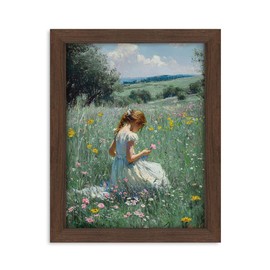 Framed Girl in Wildflower Meadow Wall Art – Impressionist Oil Painting Print on Canvas, Pastoral Nature Artwork for Living Room or Nursery Decor – 8x10 Inches