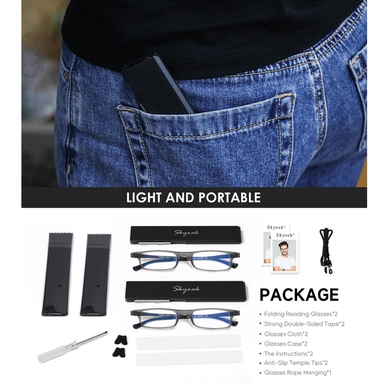 2 Pack Ultra thin Lightweight Folding Reading Glasses Women Men